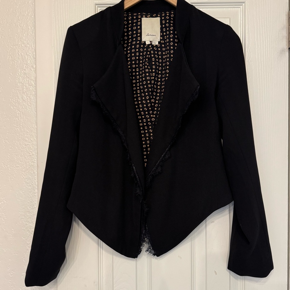 Anthropologie Elevenses Lace and Leather Trimmed Cropped Open Blazer